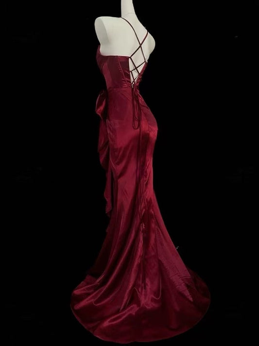 Mermaid Spoon Neck Long Burgundy Prom Dress, Burgundy Party Dress