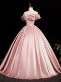 A-Line Off Shoulder Satin Pink Long Prom Dress, Pink Long Formal Dress