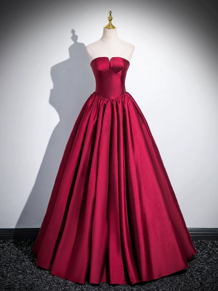 A-Line Satin Dark Red Long Prom Dress, Dark Red Long Evening Dress