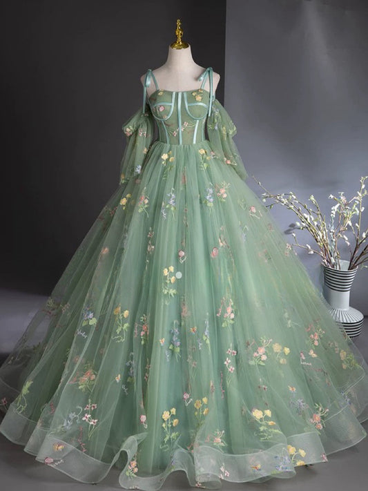 A-Line Sweetheart Neck Tulle Lace Green Long Prom Dress