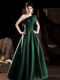 A-Line One Shoulder Satin Blue Long Prom Dress, Blue Long Formal Dress