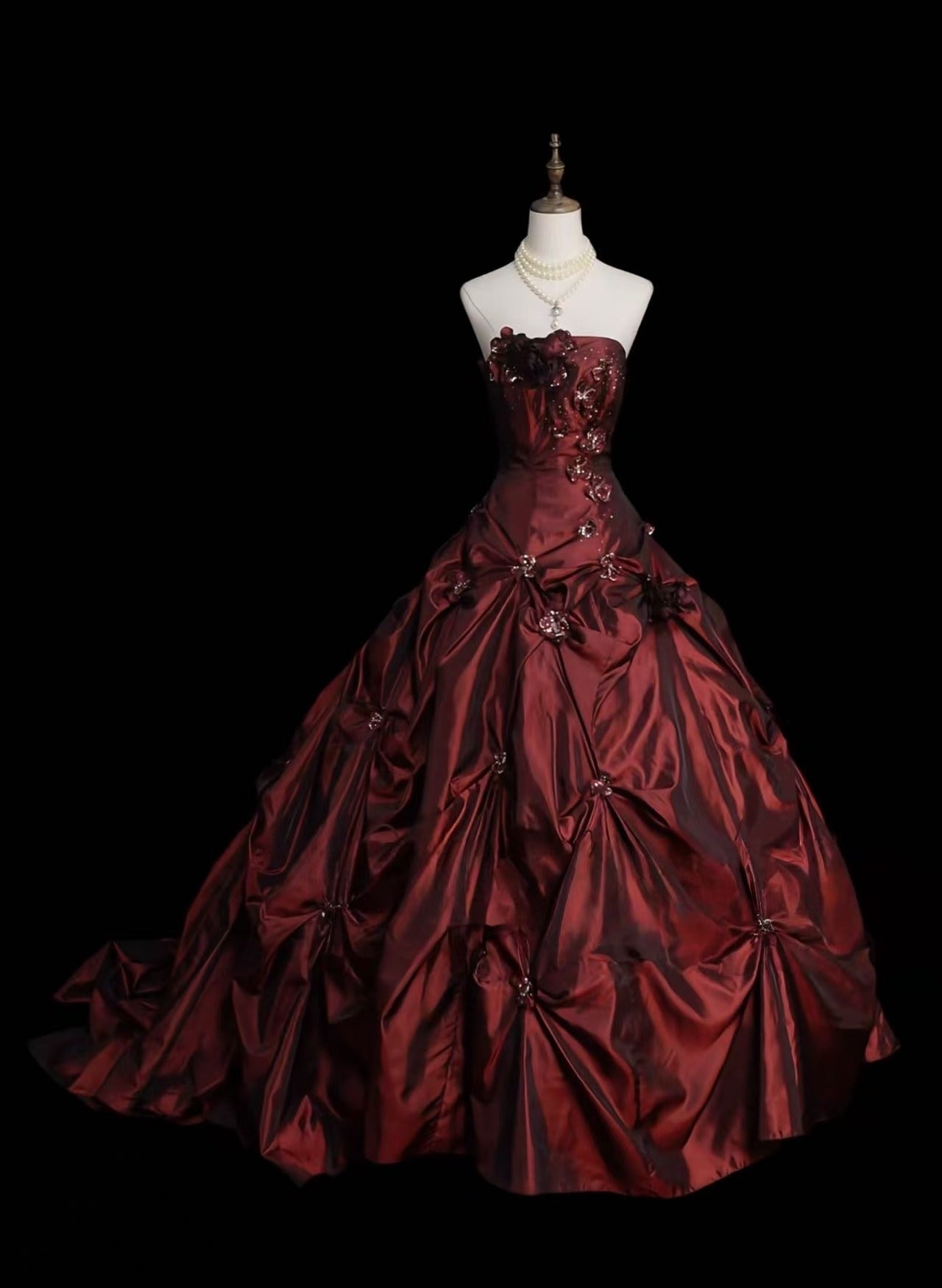 A-line Taffeta Sweep Train Burgundy Long Prom Dress with Beads