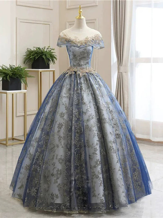 A-Line Round Neck Tulle Sequin Lace Blue Long Prom Dress, Blue Long Formal Dress