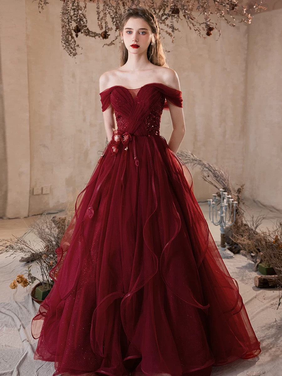 Ball Gown Off Shoulder Tulle Flower Floor Length Burgundy Prom Dress