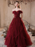 Ball Gown Off Shoulder Tulle Flower Floor Length Burgundy Prom Dress