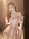 A-Line Off Shoulder Tulle Sequin Pink Long Prom Dress, Pink Long Formal Dress