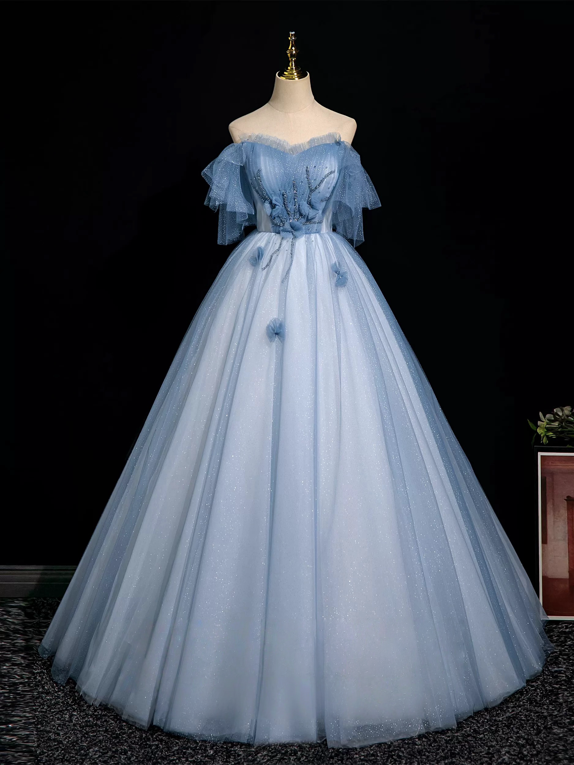 A-Line Tulle Sequin Gray Blue Long Prom Dress, Gray Blue Long Prom Dress
