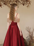 A-Line Off Shoulder Sweetheart Neck Tea Length Burgundy Prom Dress