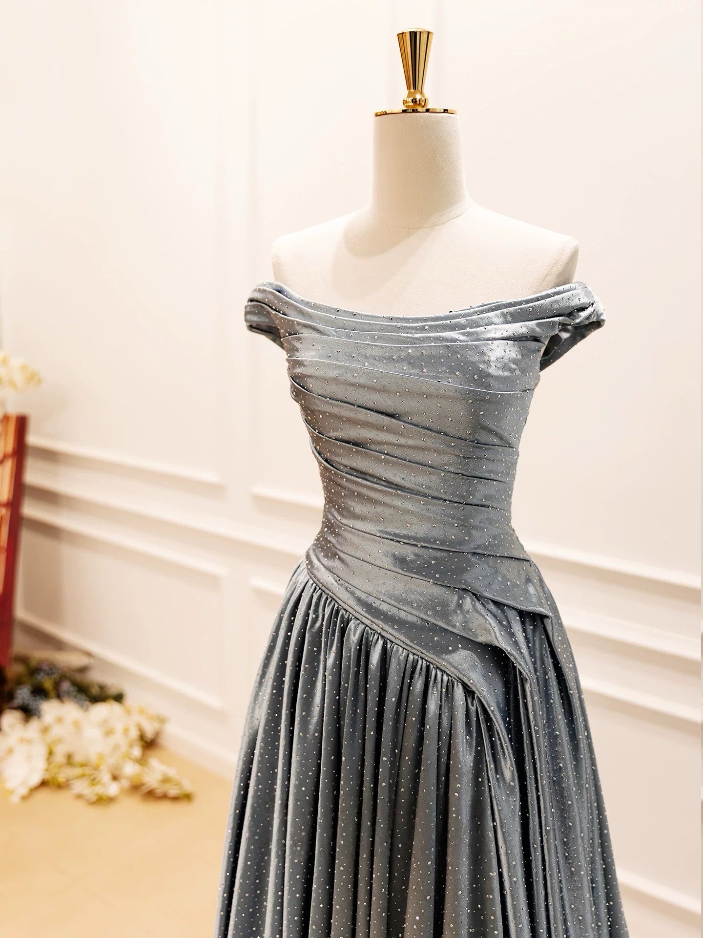 A-Line Off Shoulder Satin Beads Gray Long Prom Dress