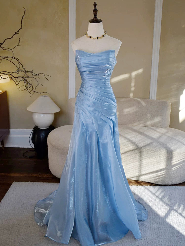 Simple Mermaid Organza Sweep Train Blue Prom Party Dress