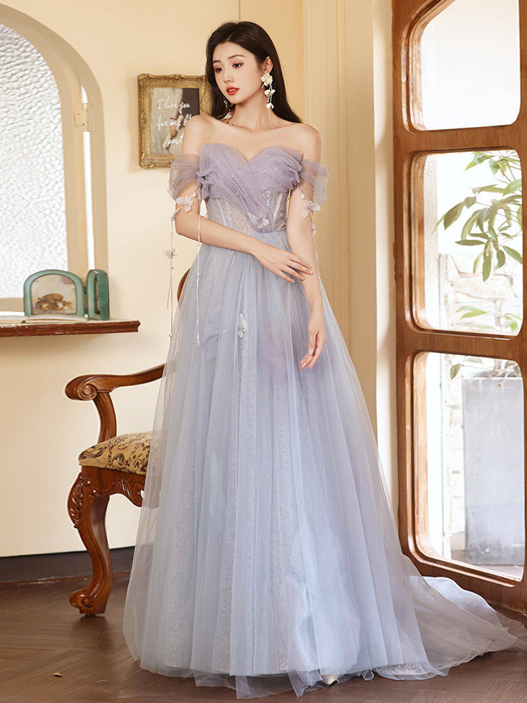A-Line Sweetheart Neck Tulle Long Prom Dress, Purple Formal Dress