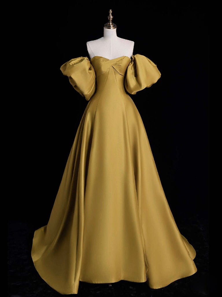 Yellow A-line Satin Long Prom Dress, Yellow Long Evening DressYellow A-line Satin Long Prom Dress, Yellow Long Evening Dress