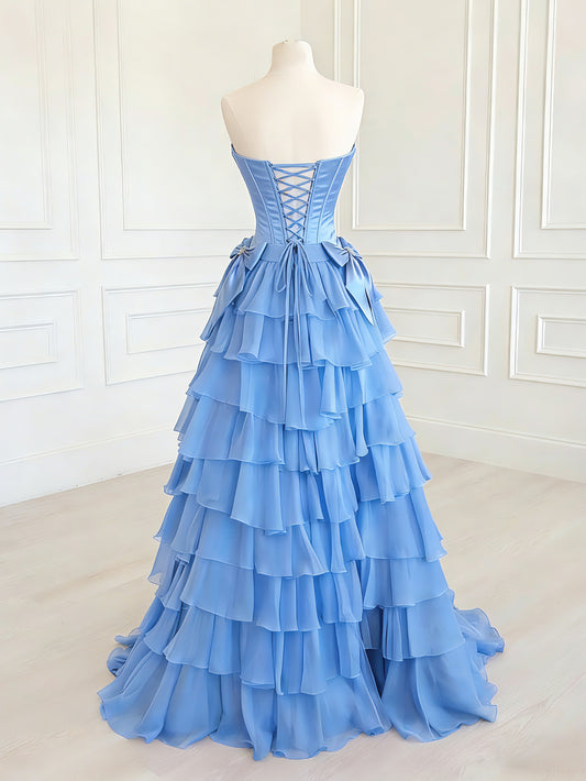 A-line Satin Chiffon Ruffles Blue Long Prom Dress with Bow