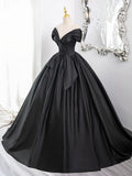 A-Line V Neck Off Shoulder Satin Black Long Prom Dress, Black Long Formal Dress