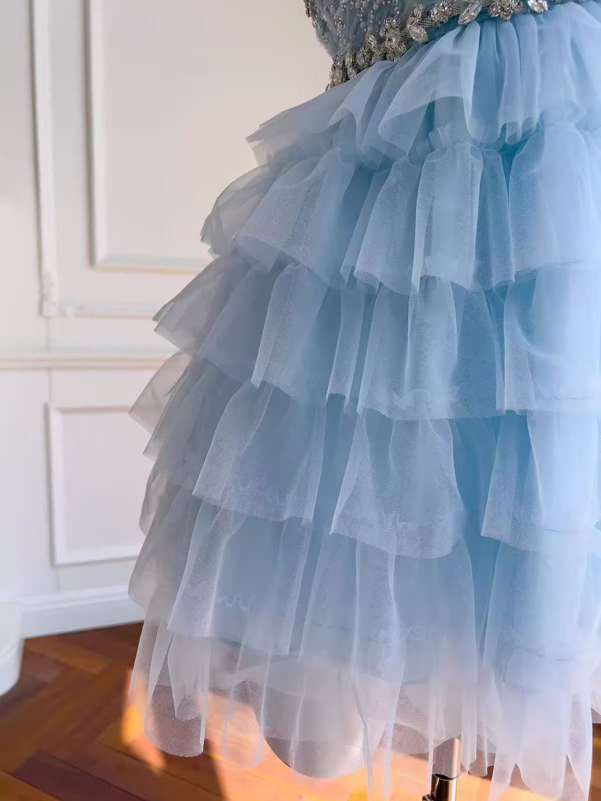 A-line Tulle Sequin Lace Blue Short Prom Dress, Blue Homecoming Dress