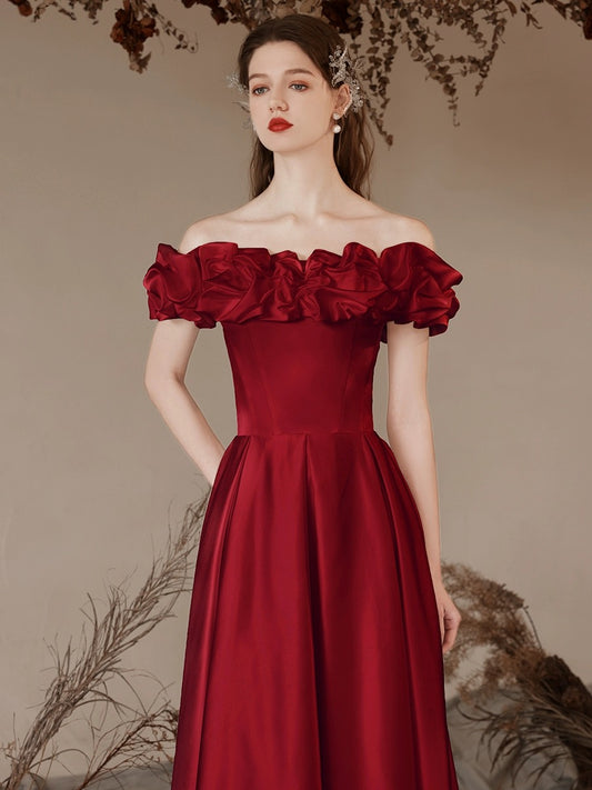 A-Line Off Shoulder Satin Tea Length Burgundy Prom Dress, Burgundy Formal Dress