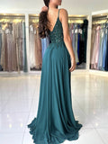 A-Line V Neck Chiffon Lace Green Long Prom Dress, Green Long Graduation Dress