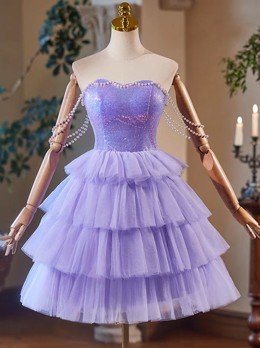 A-Line Sweetheart Neck Purple Short Prom Dress, Purple Homecoming Dress