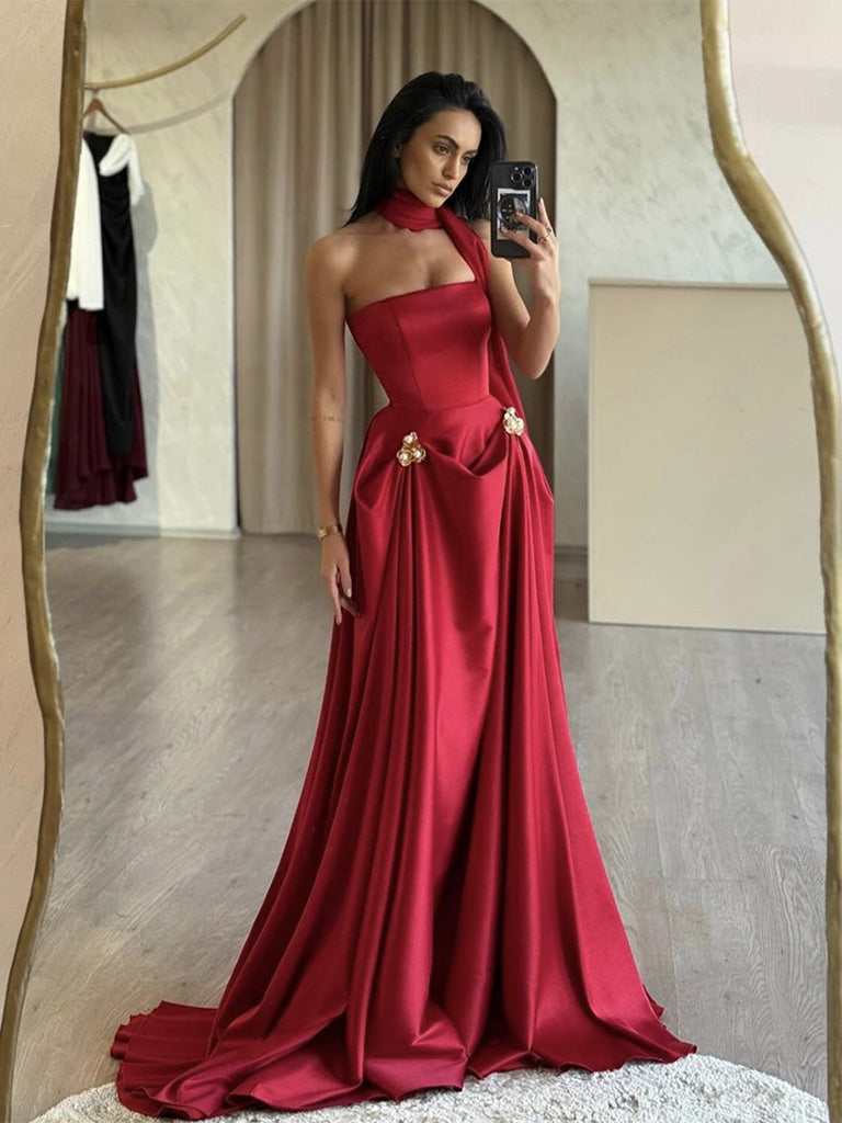 A-Line Satin Red Long Prom Dress, Red Long Evening Dress