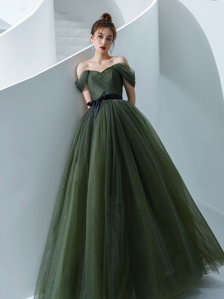 A-Line Off Shoulder Green Long Prom Dress, Green Formal Dress