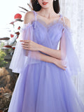 A-Line V Neck Tulle Purple Short Prom Dress, Purple Homecoming Dress