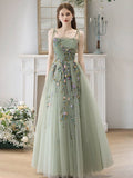 A-Line Tulle Beads Green Long Prom Dress, Green Long Formal Dress