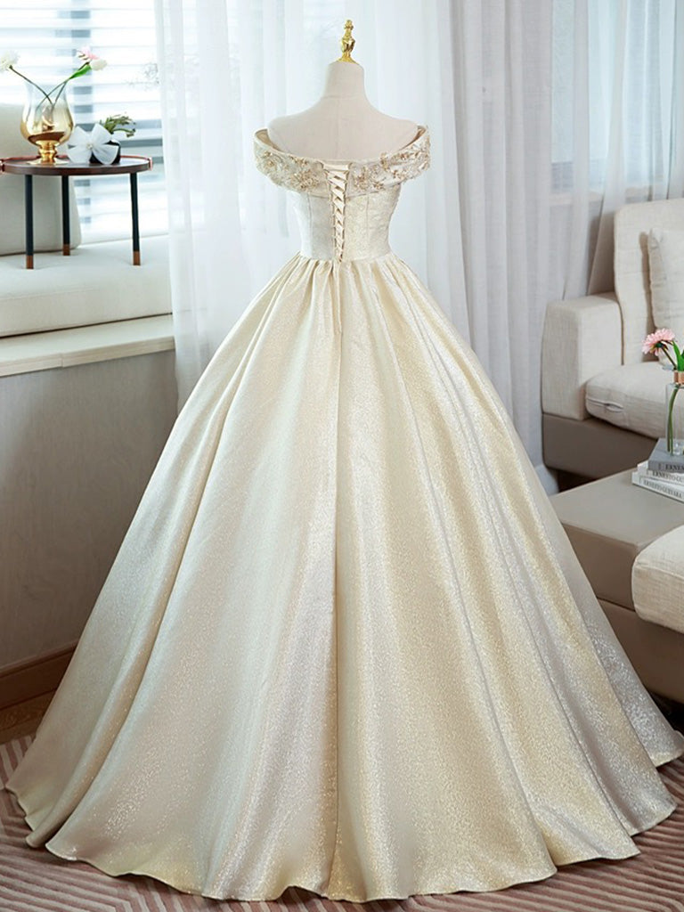 A-Line Satin Lace Off Shoulder Champagne Long Prom Dress dresstby A-Line Satin Lace Off Shoulder Champagne Long Prom Dress dresstby