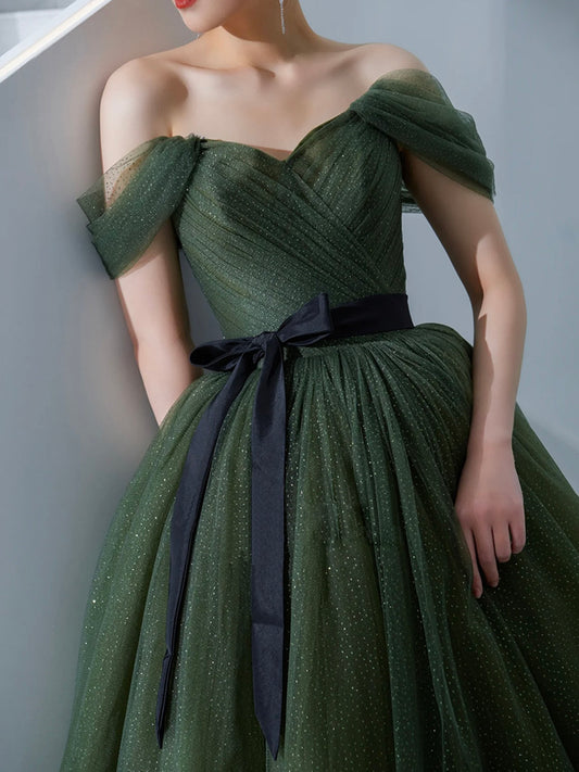 A-Line Off Shoulder Green Long Prom Dress, Green Formal Dress