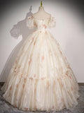 Champagne Sweetheart Neck Tulle Long Prom Dress, Champagne Formal Dress