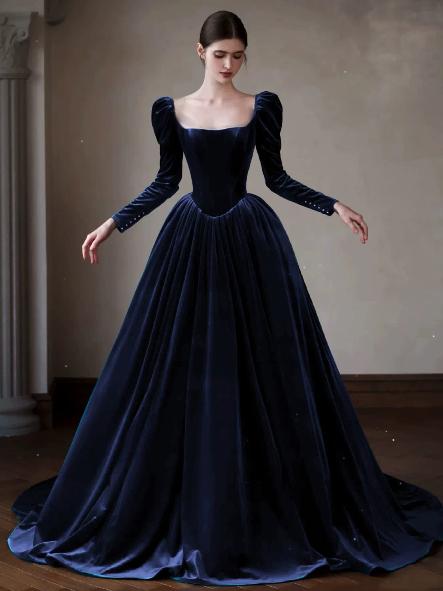 A-Line Long Sleeves Velvet Dark Blue Long Prom Dress, Dark Blue Long Evening Dress