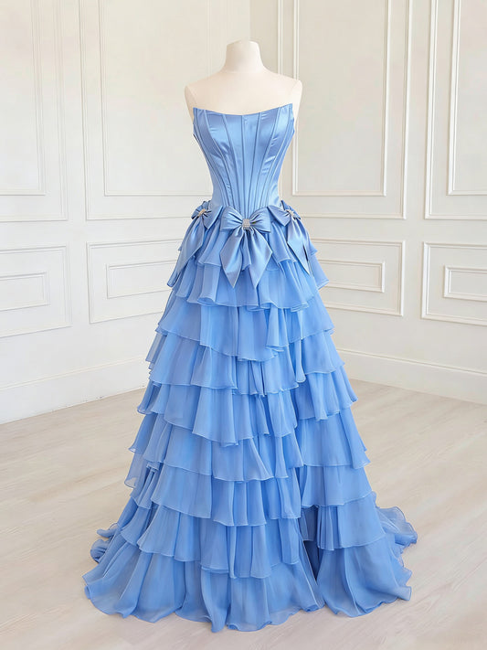 A-line Satin Chiffon Ruffles Blue Long Prom Dress with Bow