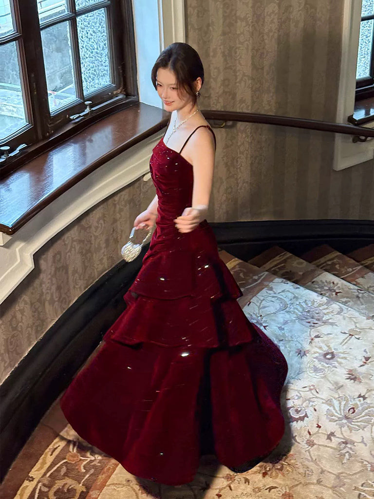 A-Line Floor Length Velvet Ruffles Burgundy Prom Dress