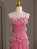 Pink Mermaid Velvet Beads Long Prom Dress, Pink Long Formal Dress