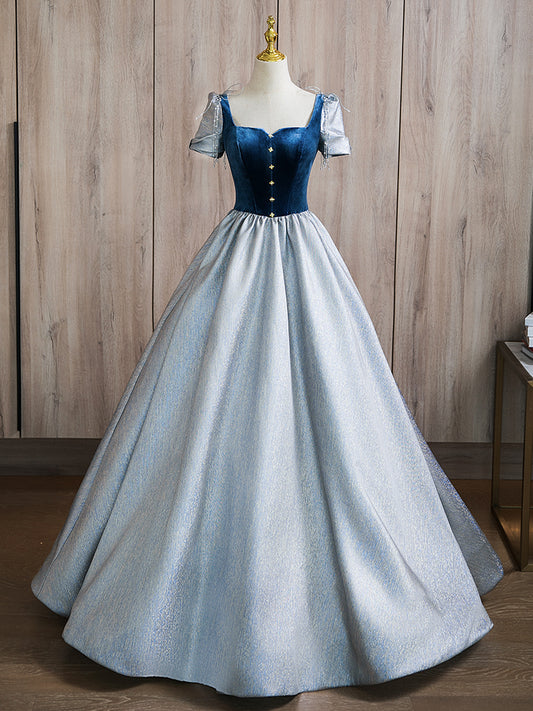 A-line Puff sleeves Blue Long Prom Dress, Blue Long Formal Dress