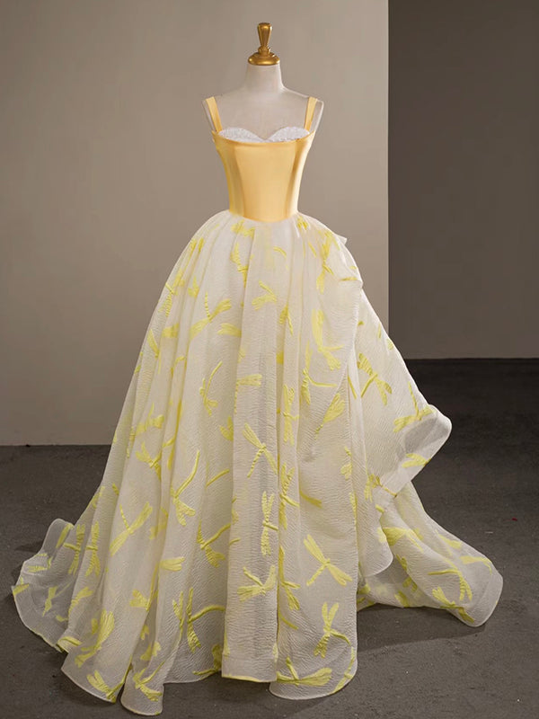 A-Line Sweetheart Neck Tulle Lace Yellow Long Prom Dress