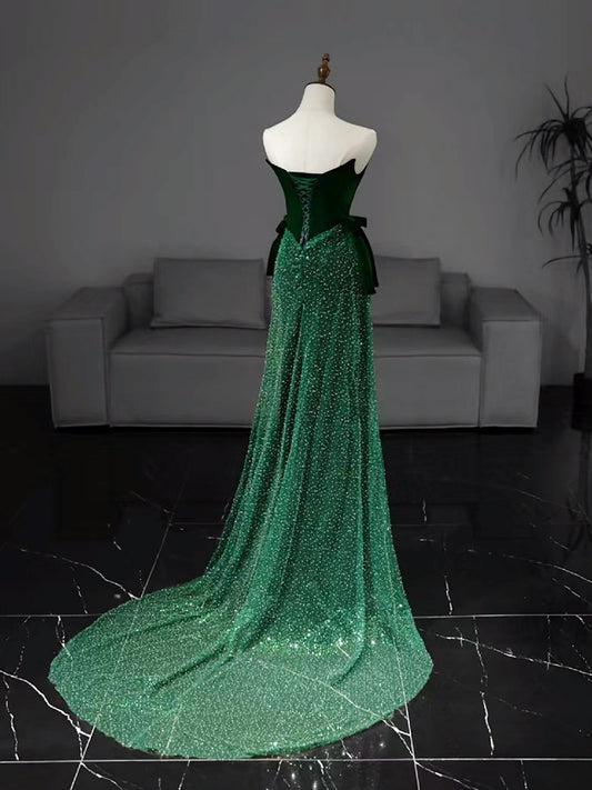 Mermaid Tulle Velvet Green Long Prom Dress, Green Long Formal Dress