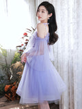 A-Line V Neck Tulle Purple Short Prom Dress, Purple Homecoming Dress