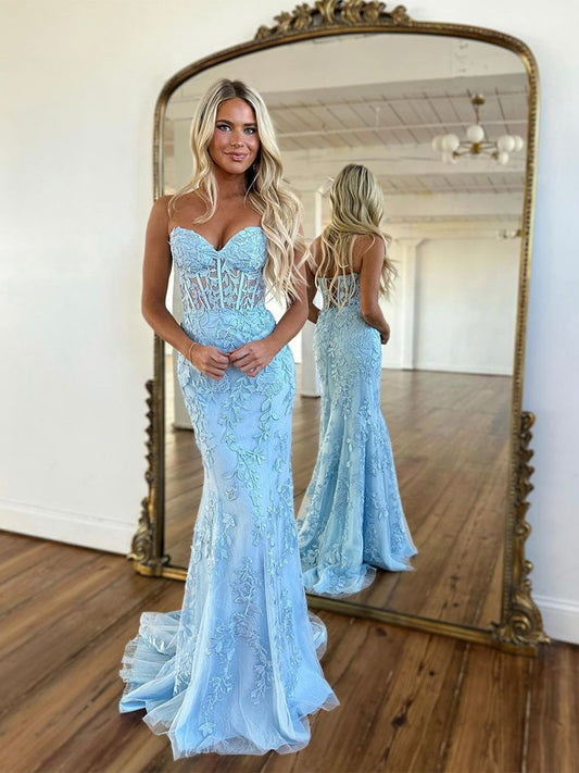 Blue Sweetheart Neck Lace Tulle Mermaid Long Prom Dress, Blue Formal Dress