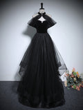 Black A-Line Tulle Long Prom Dress, Black Long Evening Dress