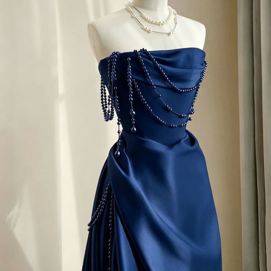 A-line Floor Length Satin Dark Blue Long Prom Dress, Dark Blue Formal – dresstby