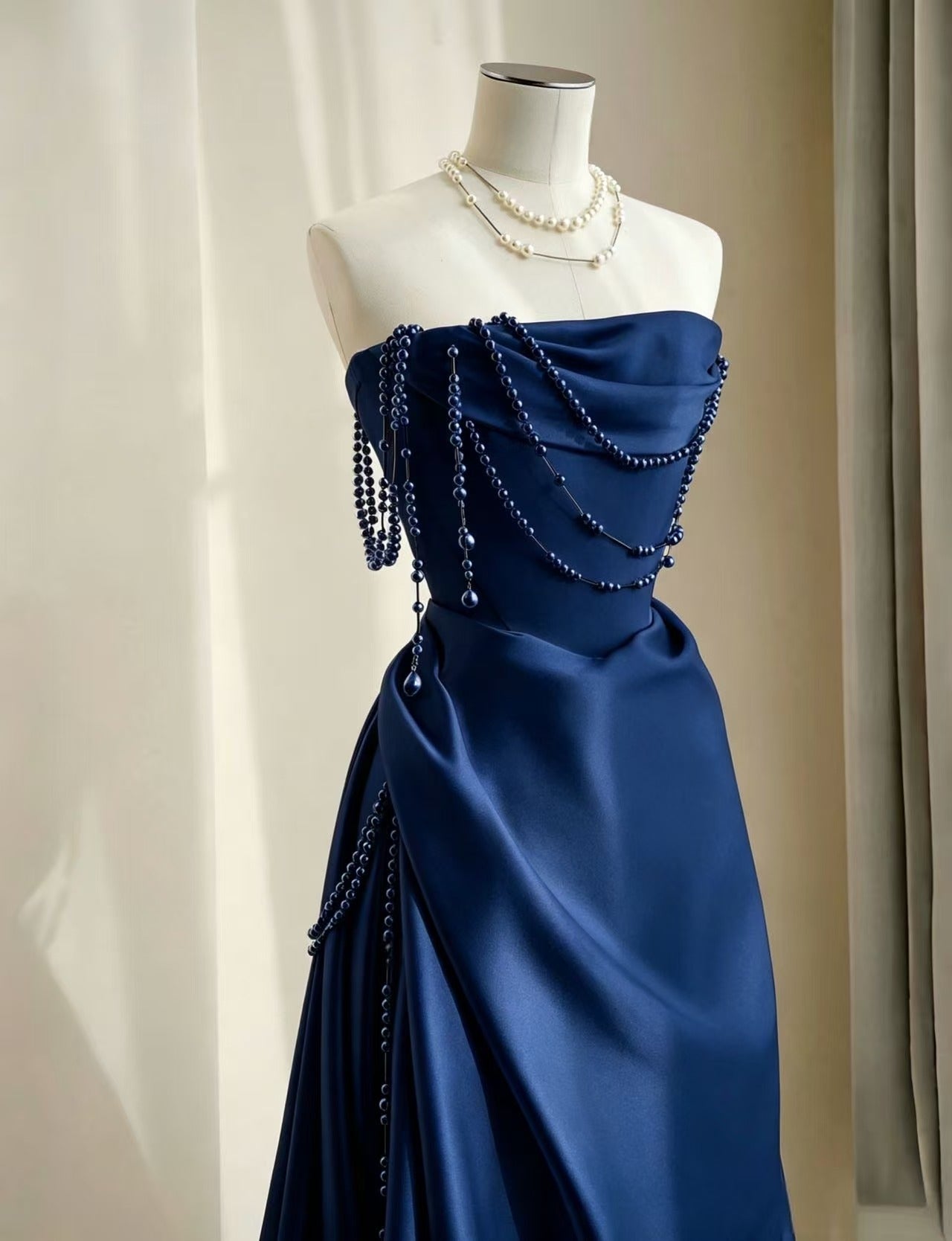 A-line Floor Length Satin Dark Blue Long Prom Dress, Dark Blue Formal Dress