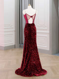 Mermaid Sweetheart Neck Sequin Burgundy Long Prom Dress, Burgundy Formal Dress