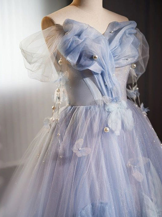 A-Line Off Shoulder Tulle Flower Blue Long Prom Dress, Blue Long Sweet 16 Dress