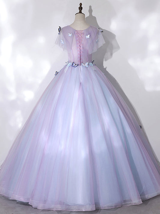 A-Line Round Neck Tulle Purple Long Prom Dress, Purple Formal Dress