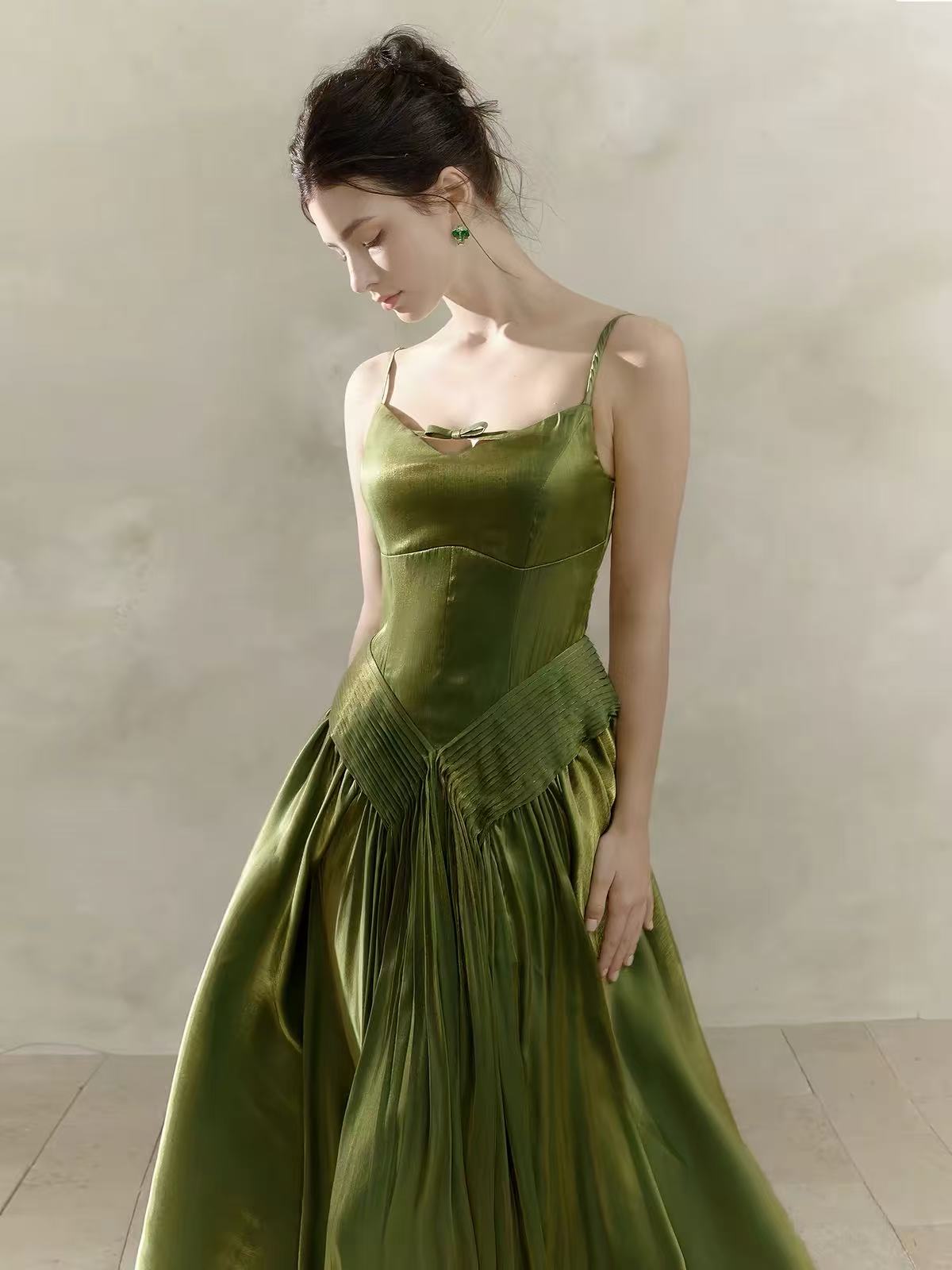 A-line V Neck Silk Tea Length Green Prom Dress, Green Formal Dress