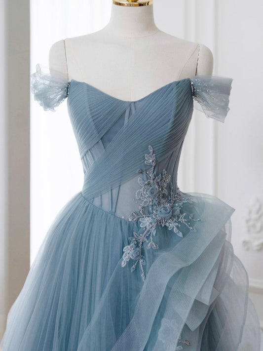 Gray Blue A-Line Lace Long Prom Dress, Gray Blue Formal Evening Dress