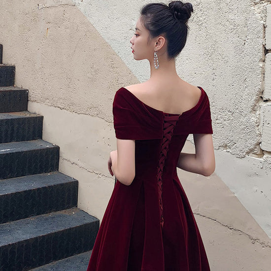 A-Line Burgundy off Shoulder Tea Length Prom Dress, Burgundy Formal Dr –  dresstby