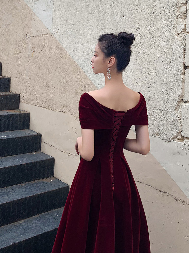 A-Line Burgundy off Shoulder Tea Length Prom Dress, Burgundy Formal Dress