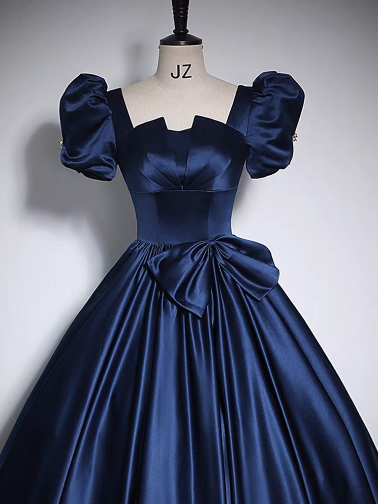 Dark Blue Satin Long Prom Dress, Dark Blue Satin Long Evening Dress