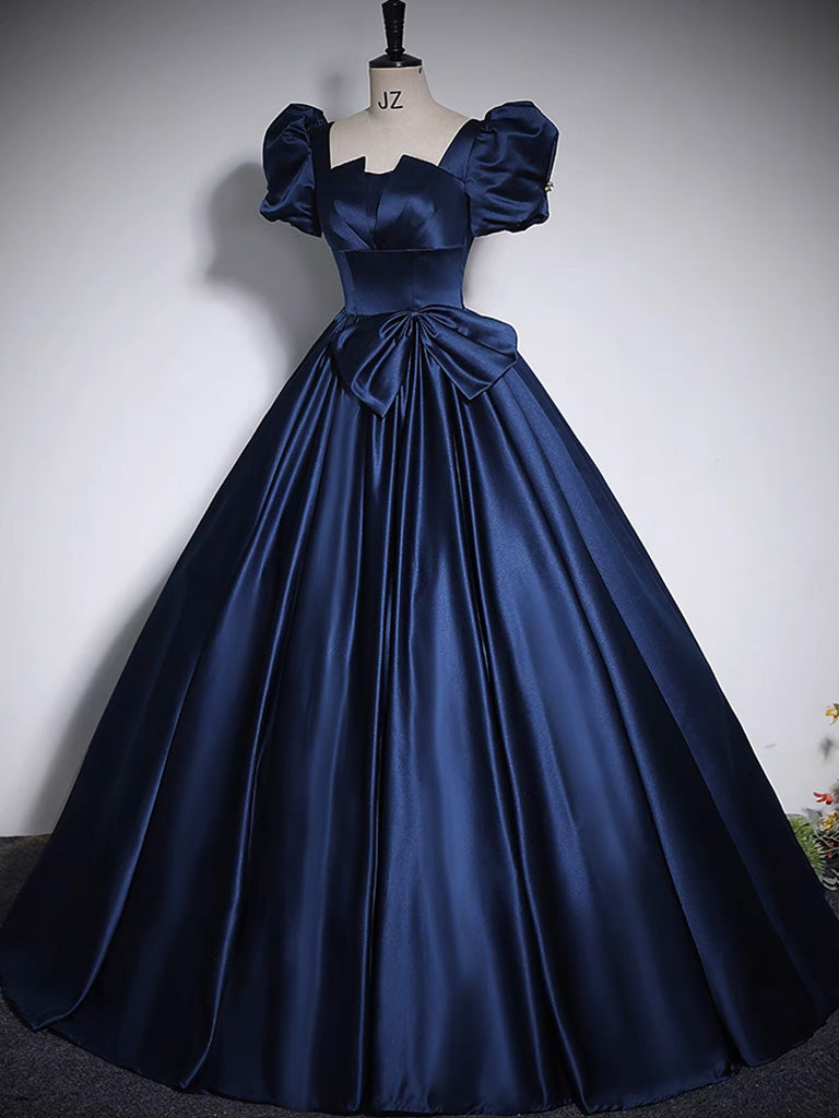 Dark Blue Satin Long Prom Dress, Dark Blue Satin Long Evening Dress